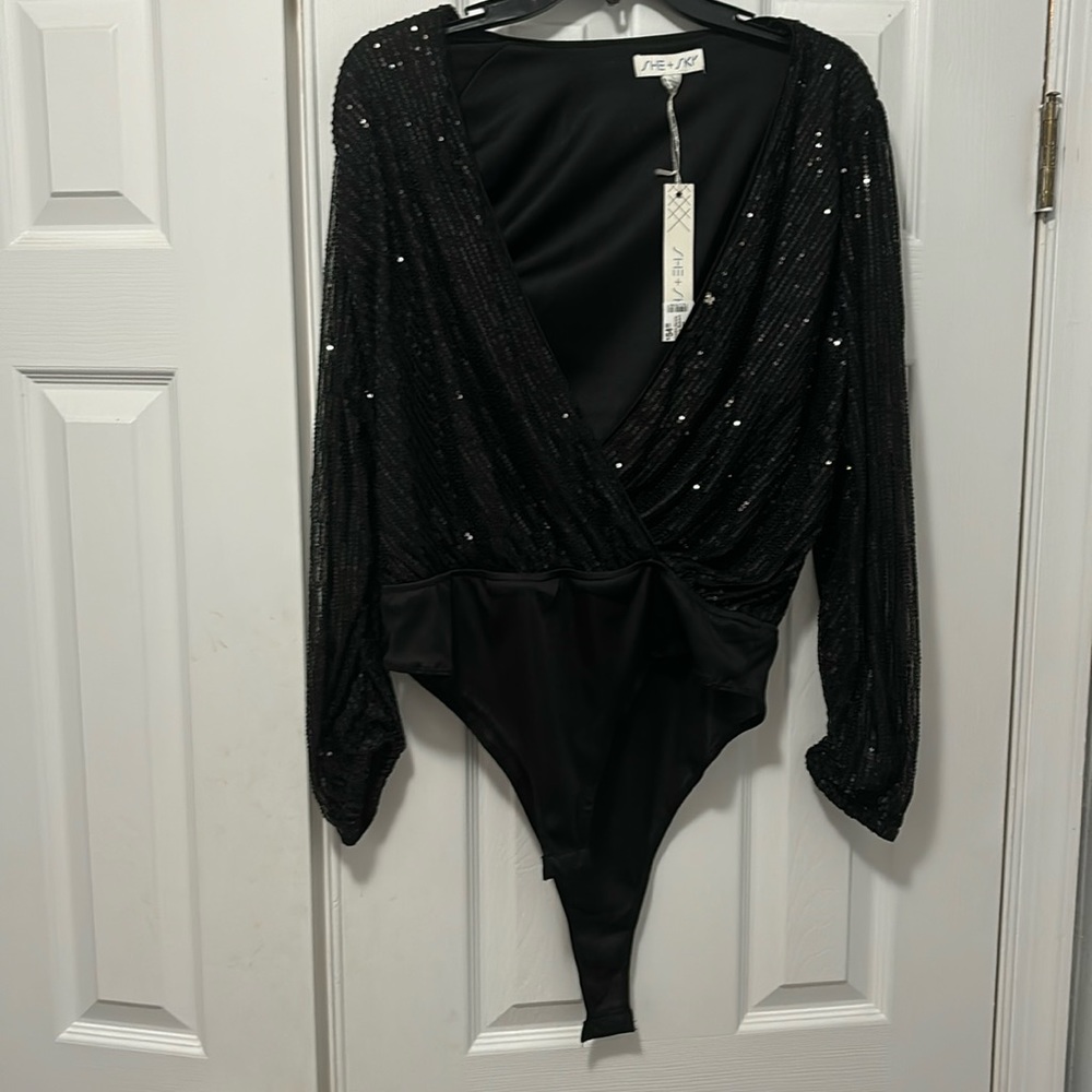She + Sky Sequined Bodysuit in Black